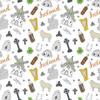 Ireland Sketch Doodles Seamless Pattern. Irish Elements with flag and map of Ireland, Celtic Cross, Castle, Shamrock, Celtic Harp, Mill and Sheep, Whiskey Bottles and Irish Beer, Vector Illustration