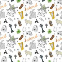 Ireland Sketch Doodles Seamless Pattern. Irish Elements with flag and map of Ireland, Celtic Cross, Castle, Shamrock, Celtic Harp, Mill and Sheep, Whiskey Bottles and Irish Beer, Vector Illustration