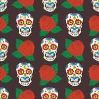 Día de los muertos de patrones sin fisuras, calaveras de azúcar dibujadas a mano y fondo de rosas, ilustración vectorial vector