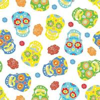 Día de los muertos de patrones sin fisuras, calaveras de azúcar dibujadas a mano y fondo de rosas, ilustración vectorial vector