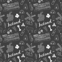 Ireland Sketch Doodles Seamless Pattern. Irish Elements with flag and map of Ireland, Celtic Cross, Castle, Shamrock, Celtic Harp, Mill and Sheep, Whiskey Bottles and Irish Beer, Vector Illustration