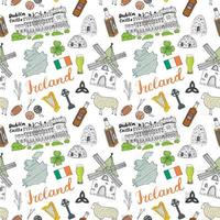 Ireland Sketch Doodles Seamless Pattern. Irish Elements with flag and map of Ireland, Celtic Cross, Castle, Shamrock, Celtic Harp, Mill and Sheep, Whiskey Bottles and Irish Beer, Vector Illustration