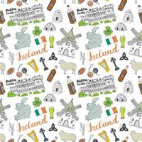 Ireland Sketch Doodles Seamless Pattern. Irish Elements with flag and map of Ireland, Celtic Cross, Castle, Shamrock, Celtic Harp, Mill and Sheep, Whiskey Bottles and Irish Beer, Vector Illustration