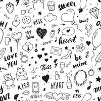 Love and Valentine Day seamless pattern vector illustration. Hand drawn sketched doodle romantic symbols background