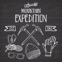 Mountain expedition vintage set. Hand drawn sketch elements for retro badge emblem, outdoor hiking adventure and mountains exploring label design, Extreme sports, vector illustration.