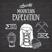 Mountain expedition vintage set. Hand drawn sketch elements for retro badge emblem, outdoor hiking adventure and mountains exploring label design, Extreme sports, vector illustration.