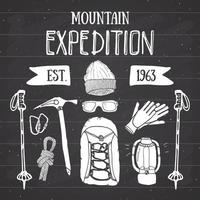 Mountain expedition vintage set. Hand drawn sketch elements for retro badge emblem, outdoor hiking adventure and mountains exploring label design, Extreme sports, vector illustration.