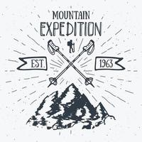 Mountain expedition vintage label retro badge. Hand drawn textured emblem outdoor hiking adventure and mountains exploring, Extreme sports, grunge hipster design, typography print vector illustration