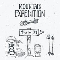 Mountain expedition vintage set. Hand drawn sketch elements for retro badge emblem, outdoor hiking adventure and mountains exploring label design, Extreme sports, vector illustration.