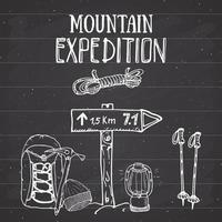 Mountain expedition vintage set. Hand drawn sketch elements for retro badge emblem, outdoor hiking adventure and mountains exploring label design, Extreme sports, vector illustration.