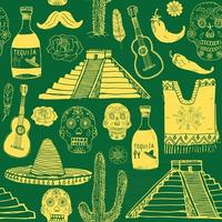 Mexico seamless pattern doodle elements, Hand drawn sketch mexican traditional sombrero hat, poncho, cactus and tequila bottle, map of mexico, skull, music instruments. vector illustration background.