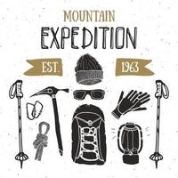 Mountain expedition vintage set. Hand drawn sketch elements for retro badge emblem, outdoor hiking adventure and mountains exploring label design, Extreme sports, vector illustration.