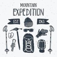 Mountain expedition vintage set. Hand drawn sketch elements for retro badge emblem, outdoor hiking adventure and mountains exploring label design, Extreme sports, vector illustration.