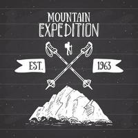 Mountain expedition vintage label retro badge. Hand drawn textured emblem outdoor hiking adventure and mountains exploring, Extreme sports, grunge hipster design, typography print vector illustration