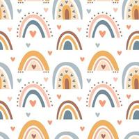 Hand drawn  seamless pattern of  cute boho rainbows pastel color isolated on white background. Vector flat illustration. Design for baby textile, wallpaper, wrapping, backdrop
