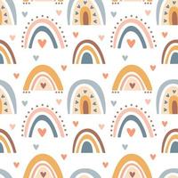 Hand drawn  seamless pattern of  cute boho rainbows pastel color isolated on white background. Vector flat illustration. Design for baby textile, wallpaper, wrapping, backdrop