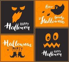 Halloween greeting cards set. Lettering calligraphy sign and hand drawn elements, party invitation or holiday banner design vector illustration