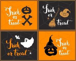 Halloween greeting cards set. Lettering calligraphy sign and hand drawn elements, party invitation or holiday banner design vector illustration