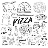 Pizza menu hand drawn sketch set. Pizza preparation design template with cheese, olives, salami, mushrooms, tomatoes, flour and other ingredients. vector illustration isolated on white background