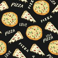 Pizza seamless pattern hand drawn sketch. Whole pizza and slice doodles Food background. Vector illustration