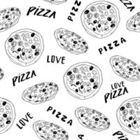 Pizza seamless pattern hand drawn sketch. Whole pizza and slice doodles Food background. Vector illustration