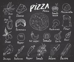 Pizza menu hand drawn sketch set. Pizza preparation design template with cheese, olives, salami, mushrooms, tomatoes, flour and other ingredients. vector illustration isolated on white background