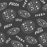 Pizza seamless pattern hand drawn sketch. Whole pizza and slice doodles Food background. Vector illustration