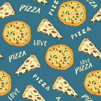 Pizza seamless pattern hand drawn sketch. Whole pizza and slice doodles Food background. Vector illustration