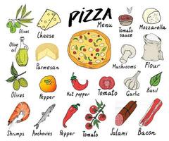 Pizza menu hand drawn sketch set. Pizza preparation design template with cheese, olives, salami, mushrooms, tomatoes, flour and other ingredients. vector illustration isolated on white background