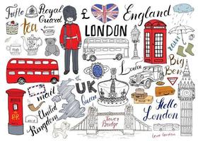 London city doodles elements collection. Hand drawn set with, tower bridge, crown, big ben, royal guard, red bus and cab, UK map and flag, tea pot, lettering, vector illustration isolated
