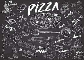 Pizza menu hand drawn sketch set. Pizza preparation design template with cheese, olives, salami, mushrooms, tomatoes, flour and other ingredients. vector illustration isolated on white background