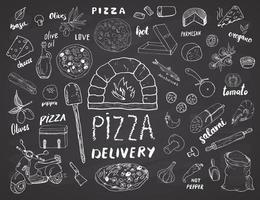 Pizza menu hand drawn sketch set. Pizza preparation design template with cheese, olives, salami, mushrooms, tomatoes, flour and other ingredients. vector illustration isolated on white background