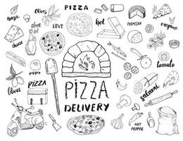 Pizza menu hand drawn sketch set. Pizza preparation design template with cheese, olives, salami, mushrooms, tomatoes, flour and other ingredients. vector illustration isolated on white background