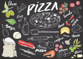 Menú de pizza conjunto de croquis dibujados a mano Plantilla de diseño de preparación de pizza con queso, aceitunas, salami, champiñones, tomates, harina y otros ingredientes. ilustración vectorial aislado sobre fondo blanco. vector