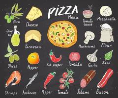 Menú de pizza conjunto de croquis dibujados a mano Plantilla de diseño de preparación de pizza con queso, aceitunas, salami, champiñones, tomates, harina y otros ingredientes. ilustración vectorial aislado sobre fondo blanco. vector