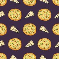 Pizza seamless pattern hand drawn sketch. Whole pizza and slice doodles Food background. Vector illustration