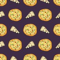 Pizza seamless pattern hand drawn sketch. Whole pizza and slice doodles Food background. Vector illustration