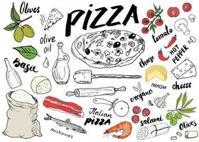 Menú de pizza conjunto de croquis dibujados a mano Plantilla de diseño de preparación de pizza con queso, aceitunas, salami, champiñones, tomates, harina y otros ingredientes. ilustración vectorial aislado sobre fondo blanco. vector