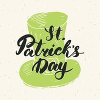 Happy St Patrick's Day Vintage greeting card Hand lettering on beer cup silhouette, Irish holiday grunge textured retro design vector illustration