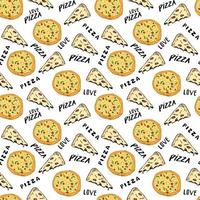 Pizza seamless pattern hand drawn sketch. Whole pizza and slice doodles Food background. Vector illustration