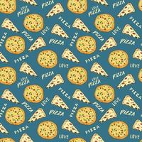 Pizza seamless pattern hand drawn sketch. Whole pizza and slice doodles Food background. Vector illustration