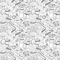 Pizza seamless pattern hand drawn sketch. Pizza Doodles Food background with flour and other food ingredients, oven and kitchen tools. Vector illustration