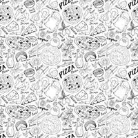 Pizza seamless pattern hand drawn sketch. Pizza Doodles Food background with flour and other food ingredients, oven and kitchen tools. Vector illustration