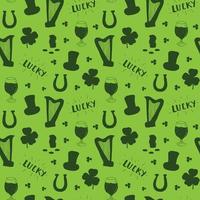 St Patrick's Day hand drawn doodle Seamless pattern, with leprechaun hat, pot of gold coins, rainbow, beer, four leaf clover, horseshoe, celtic harp vector illustration background