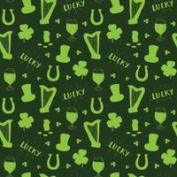 St Patrick's Day hand drawn doodle Seamless pattern, with leprechaun hat, pot of gold coins, rainbow, beer, four leaf clover, horseshoe, celtic harp vector illustration background