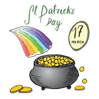 St Patricks Day hand drawn doodle set, with Irish traditional leprechaun's pot of gold coins at the end of rainbow, vector illustration isolated on white