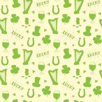 St Patrick's Day hand drawn doodle Seamless pattern, with leprechaun hat, pot of gold coins, rainbow, beer, four leaf clover, horseshoe, celtic harp vector illustration background