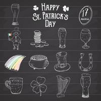 St Patricks Day hand drawn doodle icons set, with leprechaun, pot of gold coins, rainbow, beer, four leef clover, horseshoe, celtic harp and flag of Ireland vector illustration.