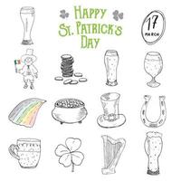 St Patricks Day hand drawn doodle set, with leprechaun, pot of gold coins, rainbow, beer, four leaf clover, horseshoe, celtic harp and flag of Ireland vector illustration