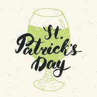 Happy St Patrick's Day Vintage greeting card Hand lettering on beer cup silhouette, Irish holiday grunge textured retro design vector illustration